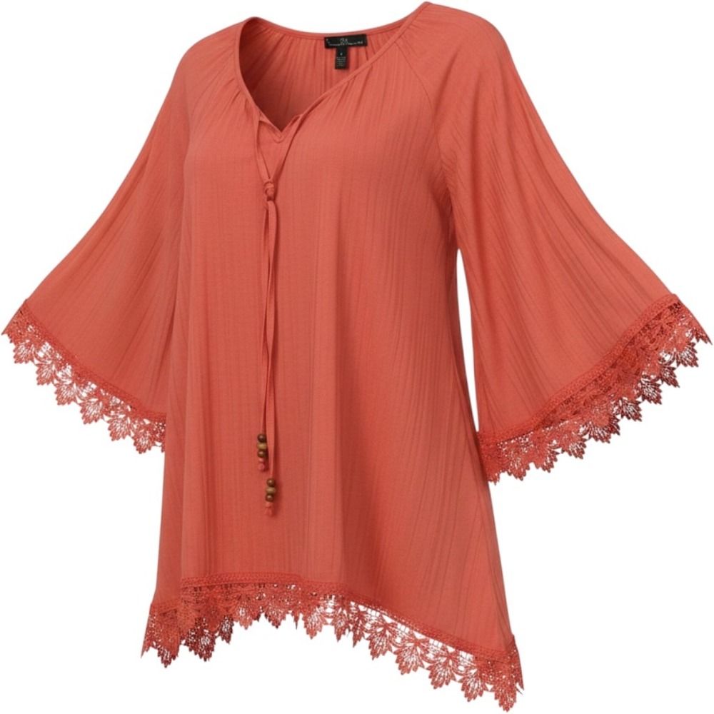 French Laundry Peasant Blouse Women 1X Coral Orange Good Lace Trim Boho Top